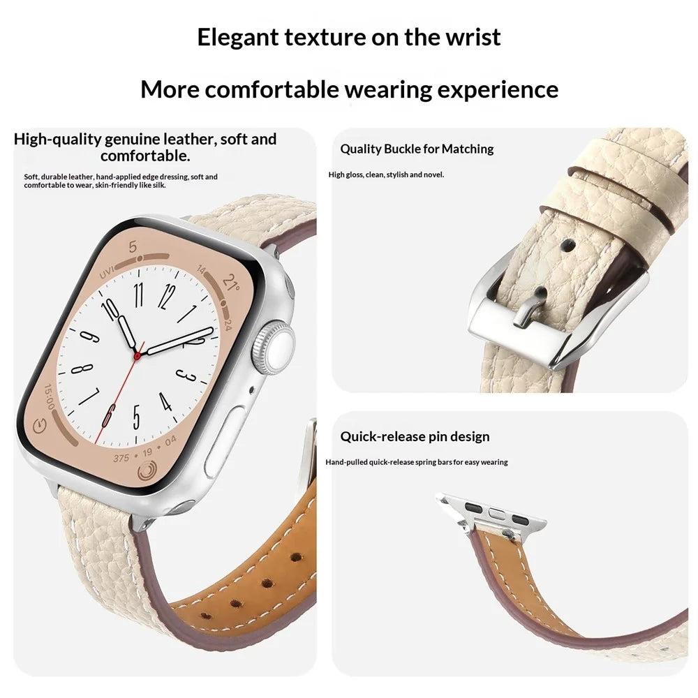 Genuine Cow Leather Watch Band for Apple Watch Ultra 3 2 1 49mm  /  Series 11 10 46mm  /  9 8 7 45mm  /  SE3 SE2 SE 6 5 4 44mm  /  3 2 1 42mm Litchi Texture Adjustable Wrist Strap - Starlight - 4