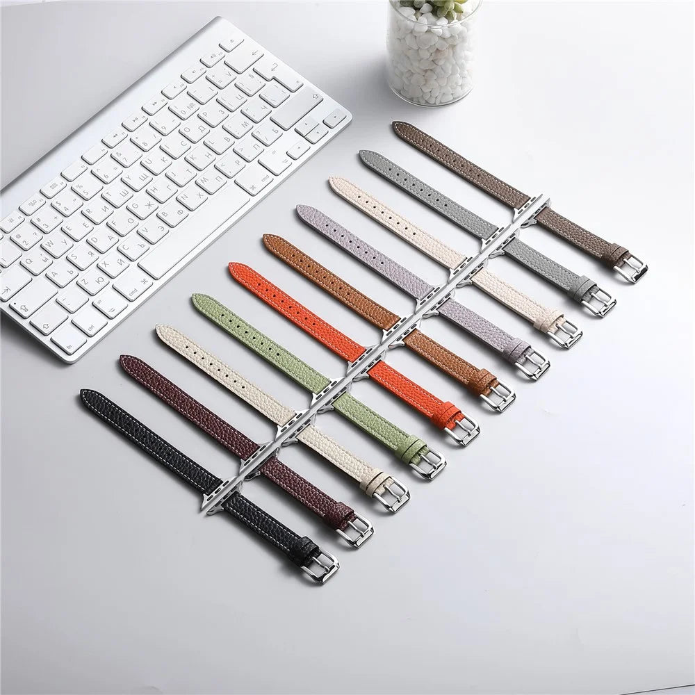 Genuine Cow Leather Watch Band for Apple Watch Ultra 3 2 1 49mm  /  Series 11 10 46mm  /  9 8 7 45mm  /  SE3 SE2 SE 6 5 4 44mm  /  3 2 1 42mm Litchi Texture Adjustable Wrist Strap - Starlight - 5