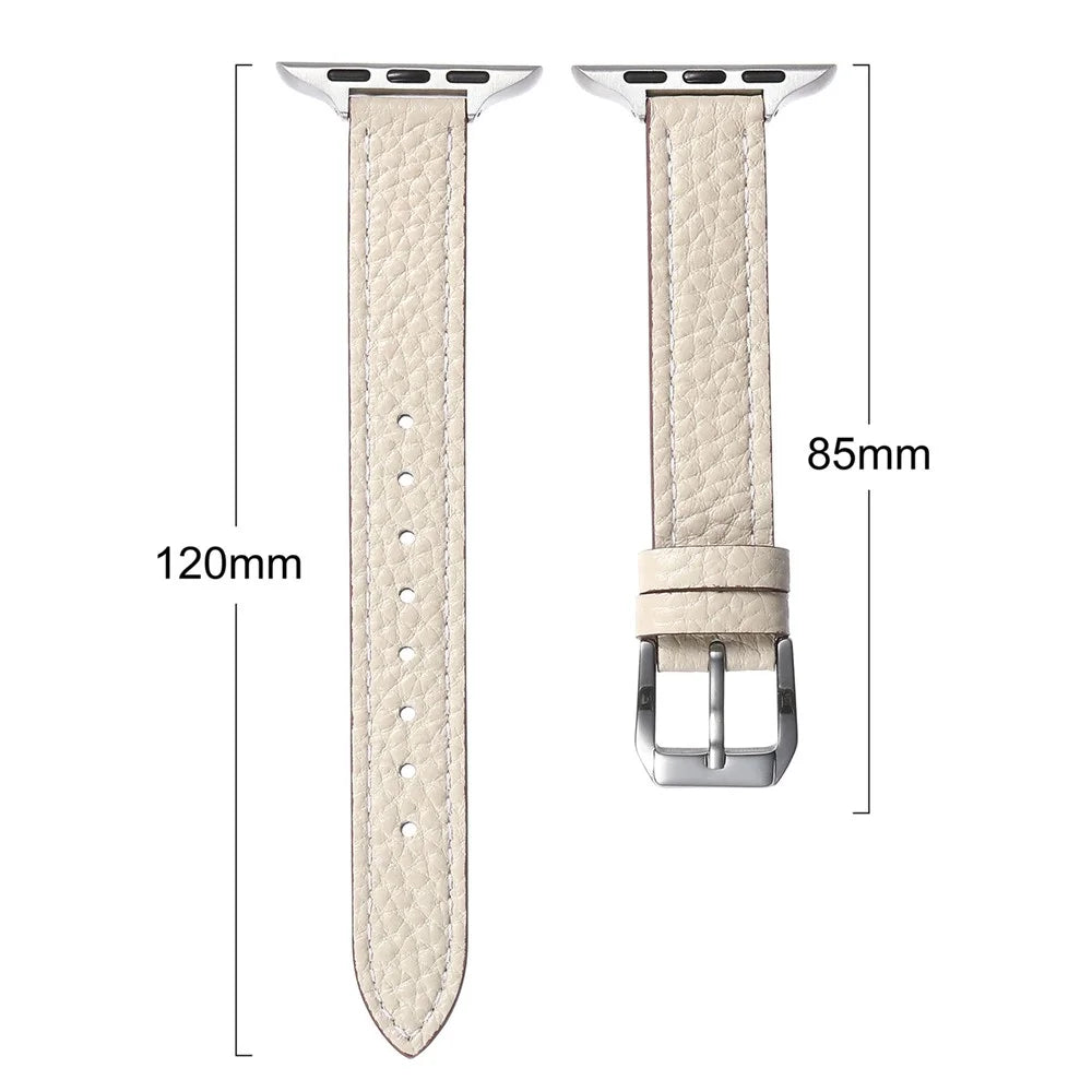 Genuine Cow Leather Watch Band for Apple Watch Ultra 3 2 1 49mm  /  Series 11 10 46mm  /  9 8 7 45mm  /  SE3 SE2 SE 6 5 4 44mm  /  3 2 1 42mm Litchi Texture Adjustable Wrist Strap - Starlight - 6