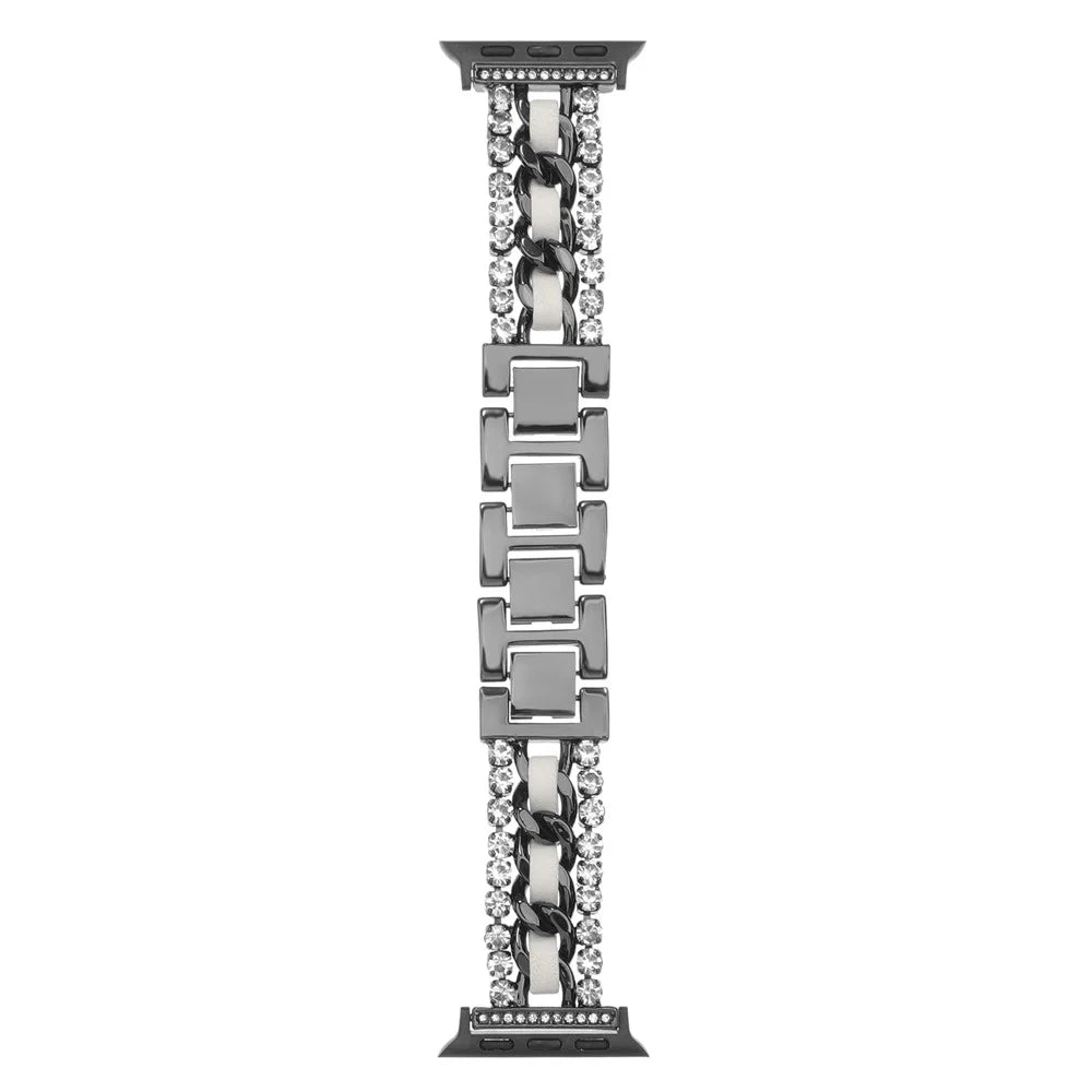 Leather + Metal Band for Apple Watch Ultra 3 2 1 49mm  /  Series 11 10 46mm  /  9 8 7 45mm  /  SE3 SE2 SE 6 5 4 44mm  /  3 2 1 42mm Rhinestone Decor Luxury Style Watch Strap - Black / White - 1