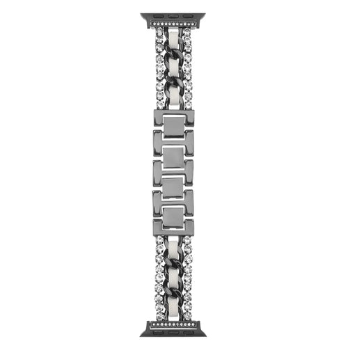 Leather + Metal Band for Apple Watch Series 11 10 42mm  /  9 8 7 41mm  /  SE3 SE2 SE 6 5 4 40mm  /  3 2 1 38mm Rhinestone Decor Luxury Style Watch Strap - Black / White - 1