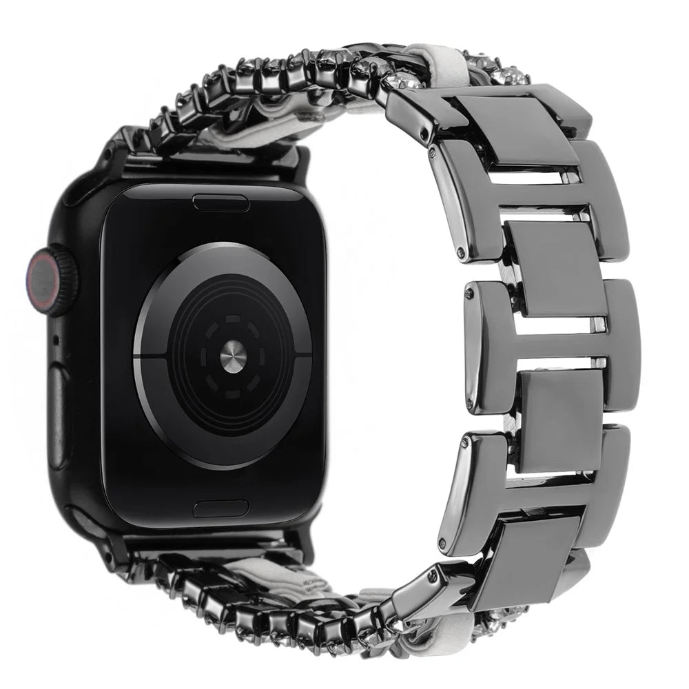 Leather + Metal Band for Apple Watch Series 11 10 42mm  /  9 8 7 41mm  /  SE3 SE2 SE 6 5 4 40mm  /  3 2 1 38mm Rhinestone Decor Luxury Style Watch Strap - Black / White - 2