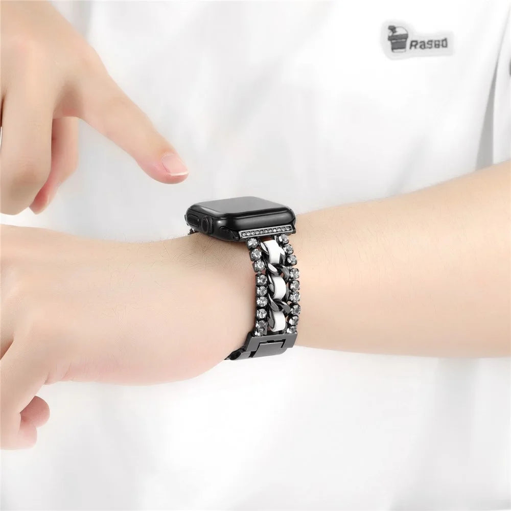 Leather + Metal Band for Apple Watch Series 11 10 42mm  /  9 8 7 41mm  /  SE3 SE2 SE 6 5 4 40mm  /  3 2 1 38mm Rhinestone Decor Luxury Style Watch Strap - Black / White - 3