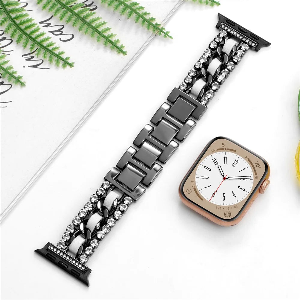 Leather + Metal Band for Apple Watch Series 11 10 42mm  /  9 8 7 41mm  /  SE3 SE2 SE 6 5 4 40mm  /  3 2 1 38mm Rhinestone Decor Luxury Style Watch Strap - Black / White - 4