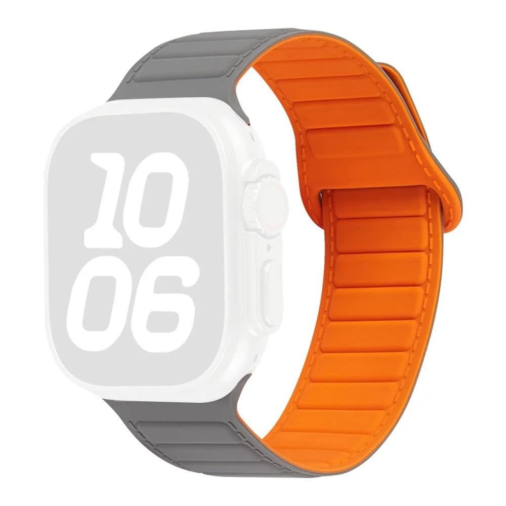 Stitched Line Pattern Silicone Strap for Apple Watch Series 11 10 42mm  /  9 8 7 41mm  /  SE3 SE2 SE 6 5 4 40mm  /  3 2 1 38mm Loop Magnetic Watch Band - Grey / Orange - 1