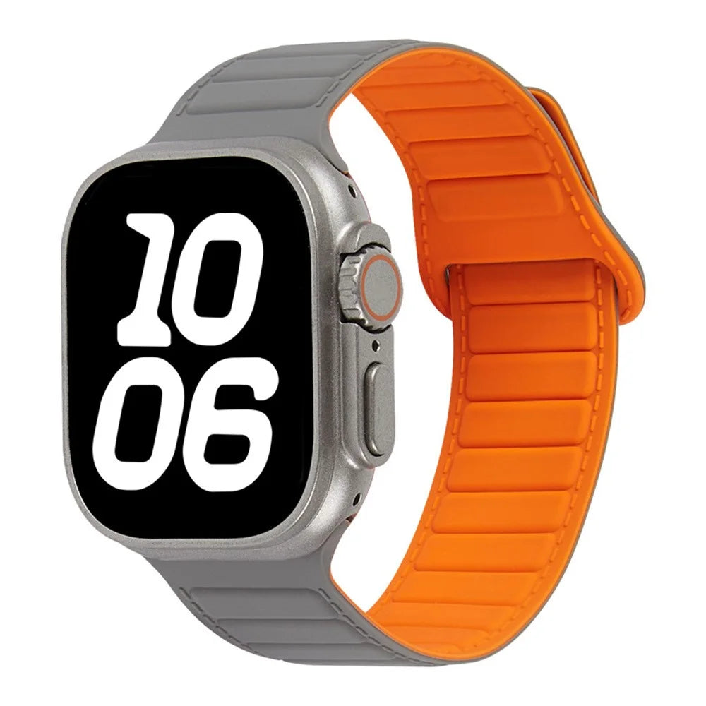 Stitched Line Pattern Silicone Strap for Apple Watch Series 11 10 42mm  /  9 8 7 41mm  /  SE3 SE2 SE 6 5 4 40mm  /  3 2 1 38mm Loop Magnetic Watch Band - Grey / Orange - 2