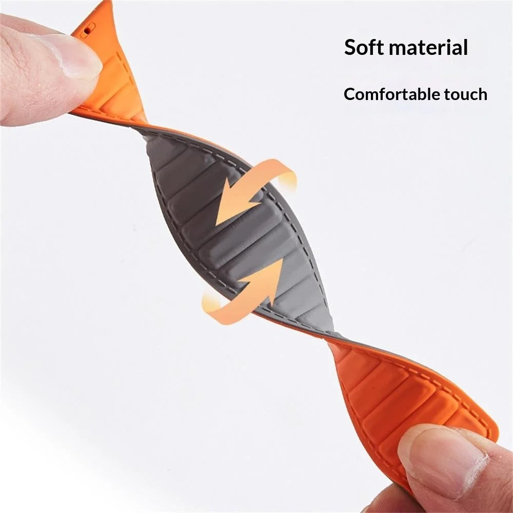 Stitched Line Pattern Silicone Strap for Apple Watch Series 11 10 42mm  /  9 8 7 41mm  /  SE3 SE2 SE 6 5 4 40mm  /  3 2 1 38mm Loop Magnetic Watch Band - Grey / Orange - 4