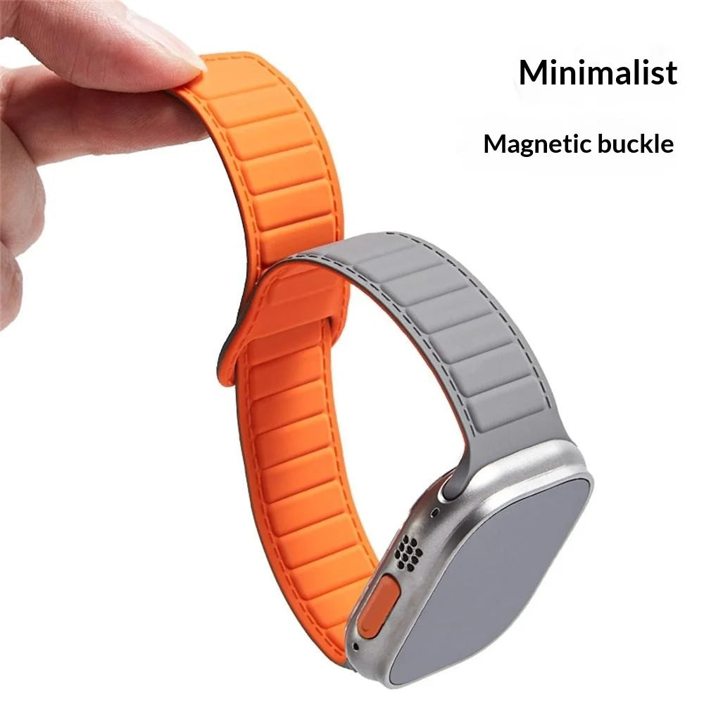 Stitched Line Pattern Silicone Strap for Apple Watch Ultra 3 2 1 49mm  /  Series 11 10 46mm  /  9 8 7 45mm  /  SE3 SE2 SE 6 5 4 44mm  /  3 2 1 42mm Loop Magnetic Watch Band - Grey / Orange - 3