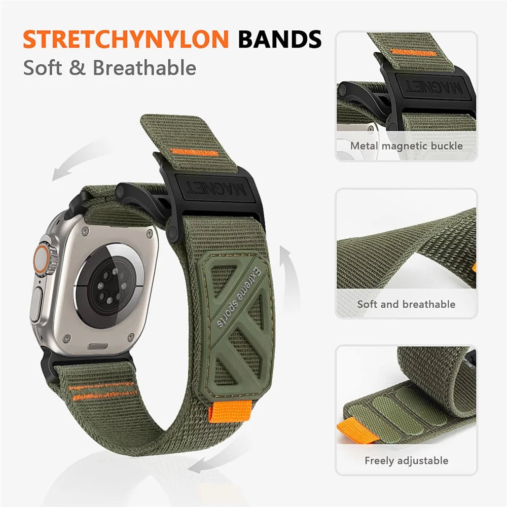 Magnetic Loop Nylon Watch Band for Apple Watch Ultra 3 2 1 49mm  /  Series 11 10 46mm  /  9 8 7 45mm  /  SE3 SE2 SE 6 5 4 44mm  /  3 2 1 42mm Magic Tape Adjustable Wristband - Army Green - 2