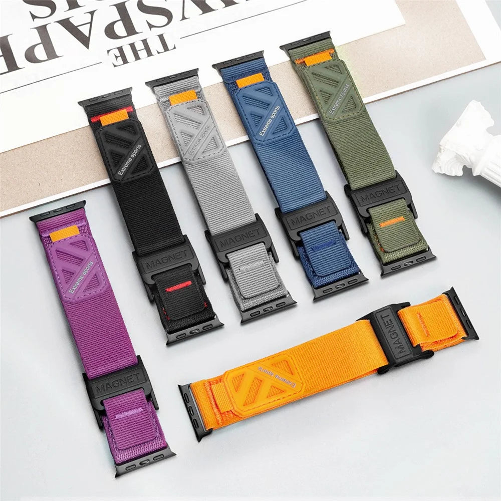 Magnetic Loop Nylon Watch Band for Apple Watch Ultra 3 2 1 49mm  /  Series 11 10 46mm  /  9 8 7 45mm  /  SE3 SE2 SE 6 5 4 44mm  /  3 2 1 42mm Magic Tape Adjustable Wristband - Army Green - 7