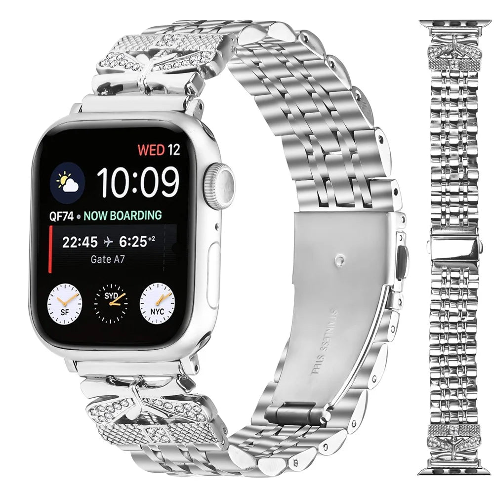 Metal Watch Band for Apple Watch Series 11 10 42mm / 9 8 7 41mm / SE3 SE2 SE 6 5 4 40mm / 3 2 1 38mm Rhinestone Butterfly Decor Stainless Steel Silver Wrist Band - 3