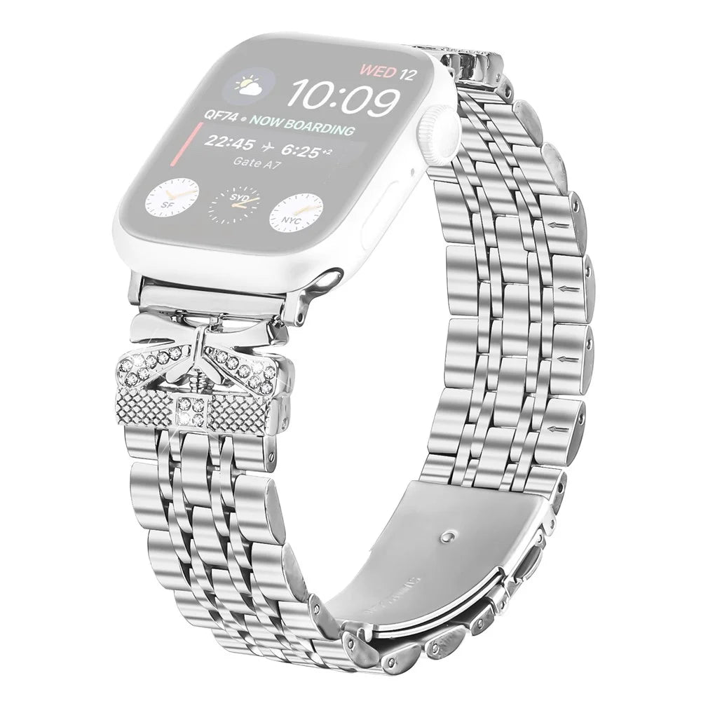 Metal Watch Band for Apple Watch Ultra 3 2 1 49mm / Series 11 10 46mm / 9 8 7 45mm / SE3 SE2 SE 6 5 4 44mm / 3 2 1 42mm Rhinestone Butterfly Decor Stainless Steel Silver Wrist Band - 1