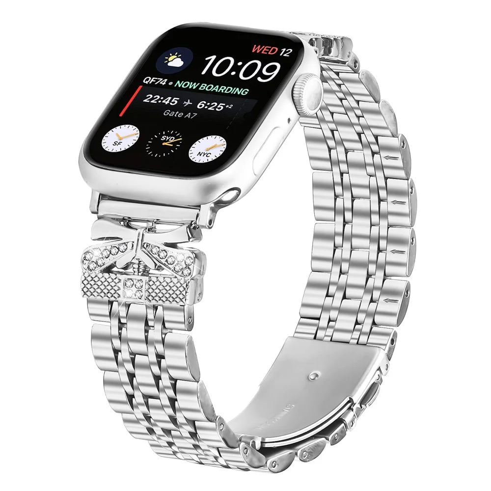 Metal Watch Band for Apple Watch Ultra 3 2 1 49mm / Series 11 10 46mm / 9 8 7 45mm / SE3 SE2 SE 6 5 4 44mm / 3 2 1 42mm Rhinestone Butterfly Decor Stainless Steel Silver Wrist Band - 2