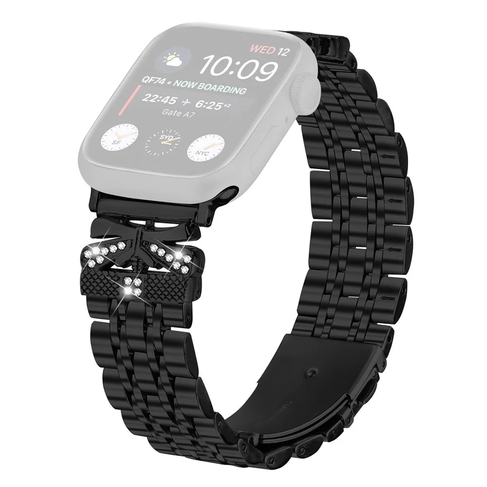 Watch Strap for Apple Watch Ultra 3 2 1 49mm / Series 11 10 46mm / 9 8 7 45mm / SE3 SE2 SE 6 5 4 44mm / 3 2 1 42mm Rhinestone Butterfly Decor Stainless Steel Band - Black - 1