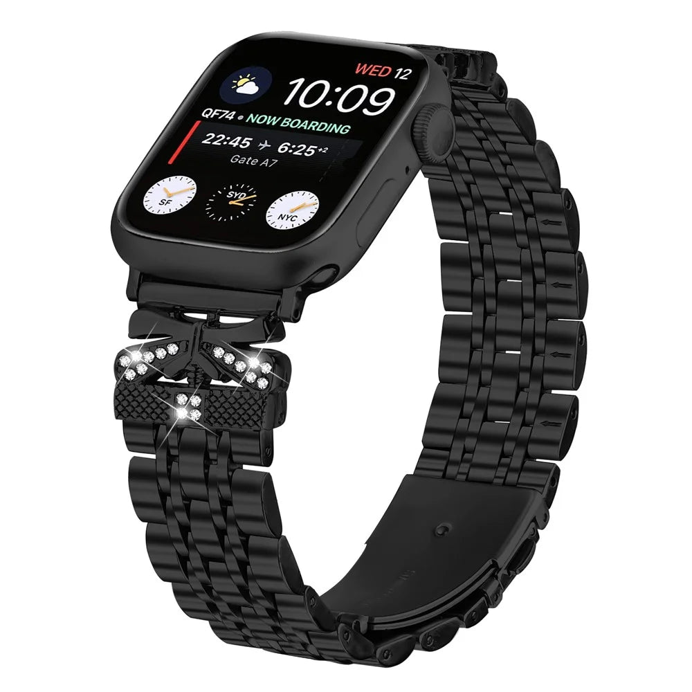 Watch Strap for Apple Watch Ultra 3 2 1 49mm / Series 11 10 46mm / 9 8 7 45mm / SE3 SE2 SE 6 5 4 44mm / 3 2 1 42mm Rhinestone Butterfly Decor Stainless Steel Band - Black - 2