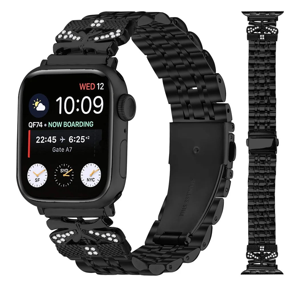 Watch Strap for Apple Watch Ultra 3 2 1 49mm / Series 11 10 46mm / 9 8 7 45mm / SE3 SE2 SE 6 5 4 44mm / 3 2 1 42mm Rhinestone Butterfly Decor Stainless Steel Band - Black - 3