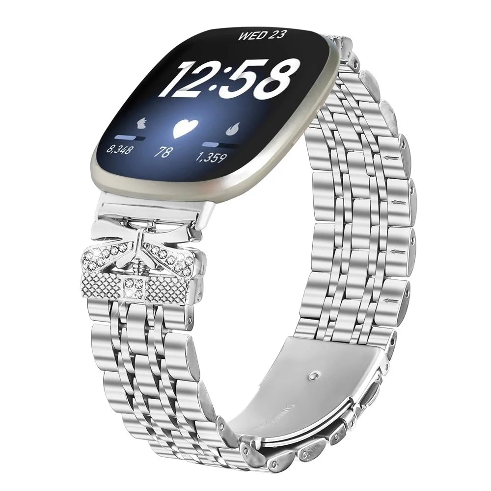 For Fitbit Versa 3 / Sense Metal Watch Band Rhinestone Butterfly Decor Stainless Steel Silver Wrist Band - 2