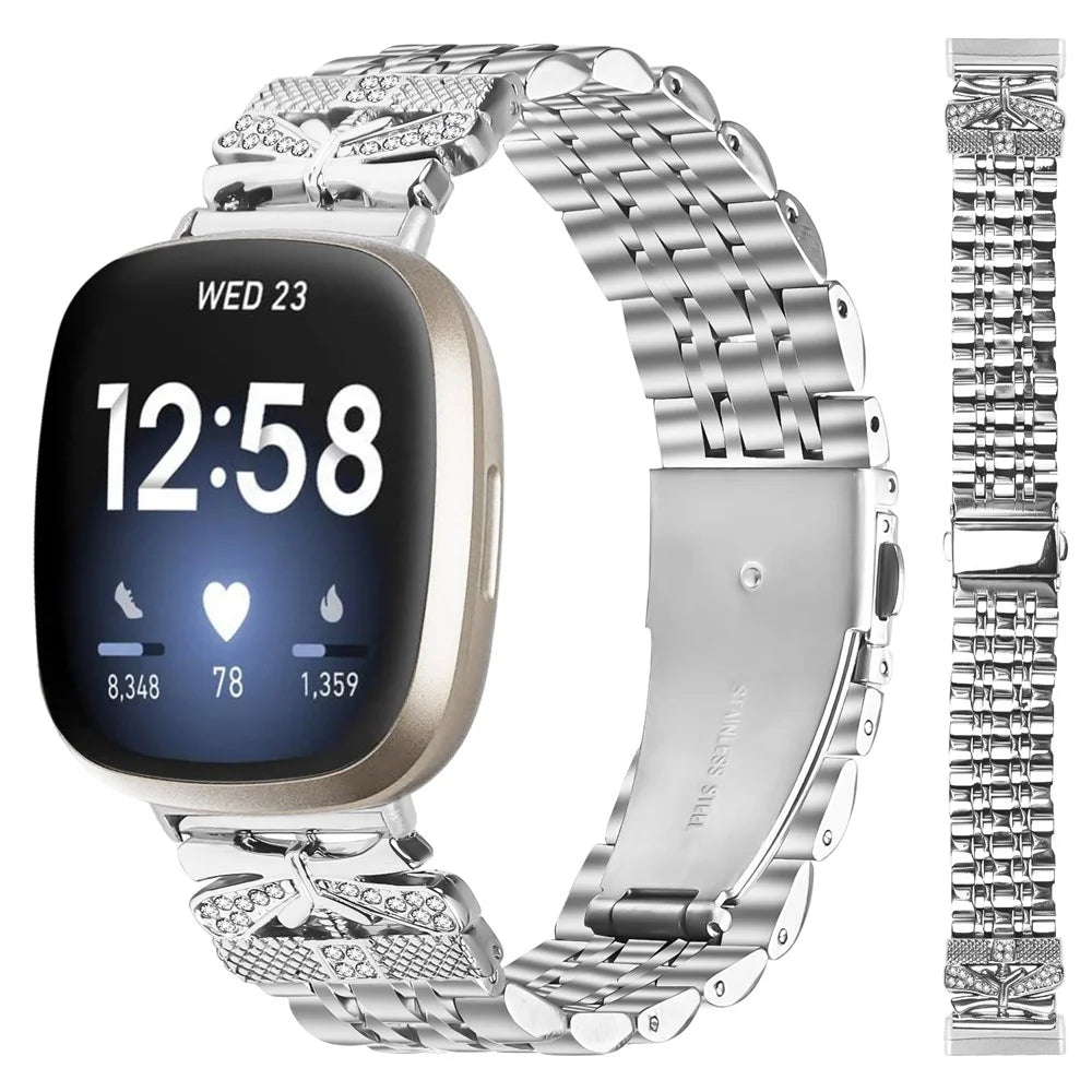 For Fitbit Versa 3 / Sense Metal Watch Band Rhinestone Butterfly Decor Stainless Steel Silver Wrist Band - 3