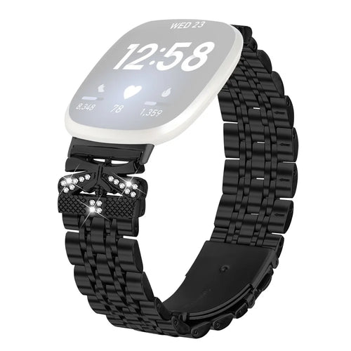 For Fitbit Versa 3 / Sense Watch Strap Rhinestone Butterfly Decor Stainless Steel Band - Black - 1