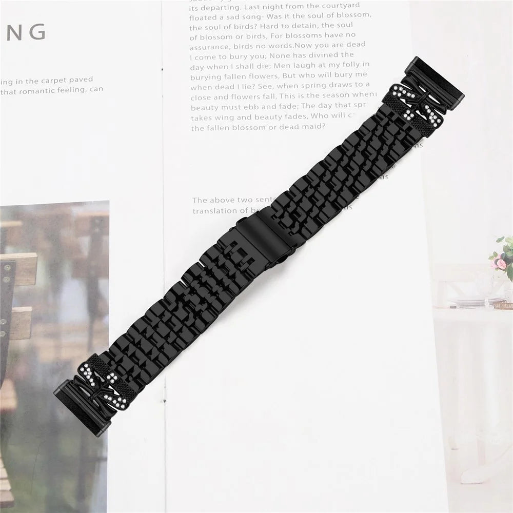 For Fitbit Versa 3 / Sense Watch Strap Rhinestone Butterfly Decor Stainless Steel Band - Black - 4