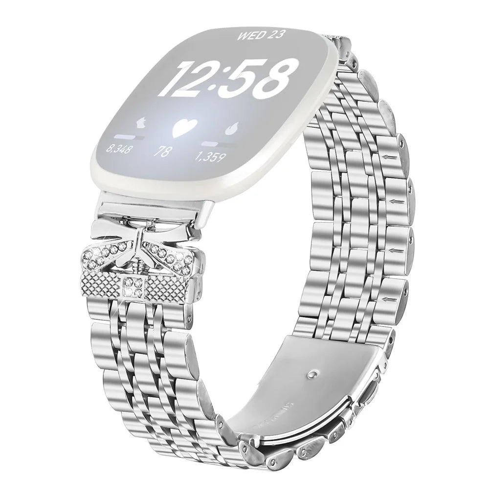 For Fitbit Versa 4 / Sense 2 Metal Watch Band Rhinestone Butterfly Decor Stainless Steel Silver Wrist Band - 1