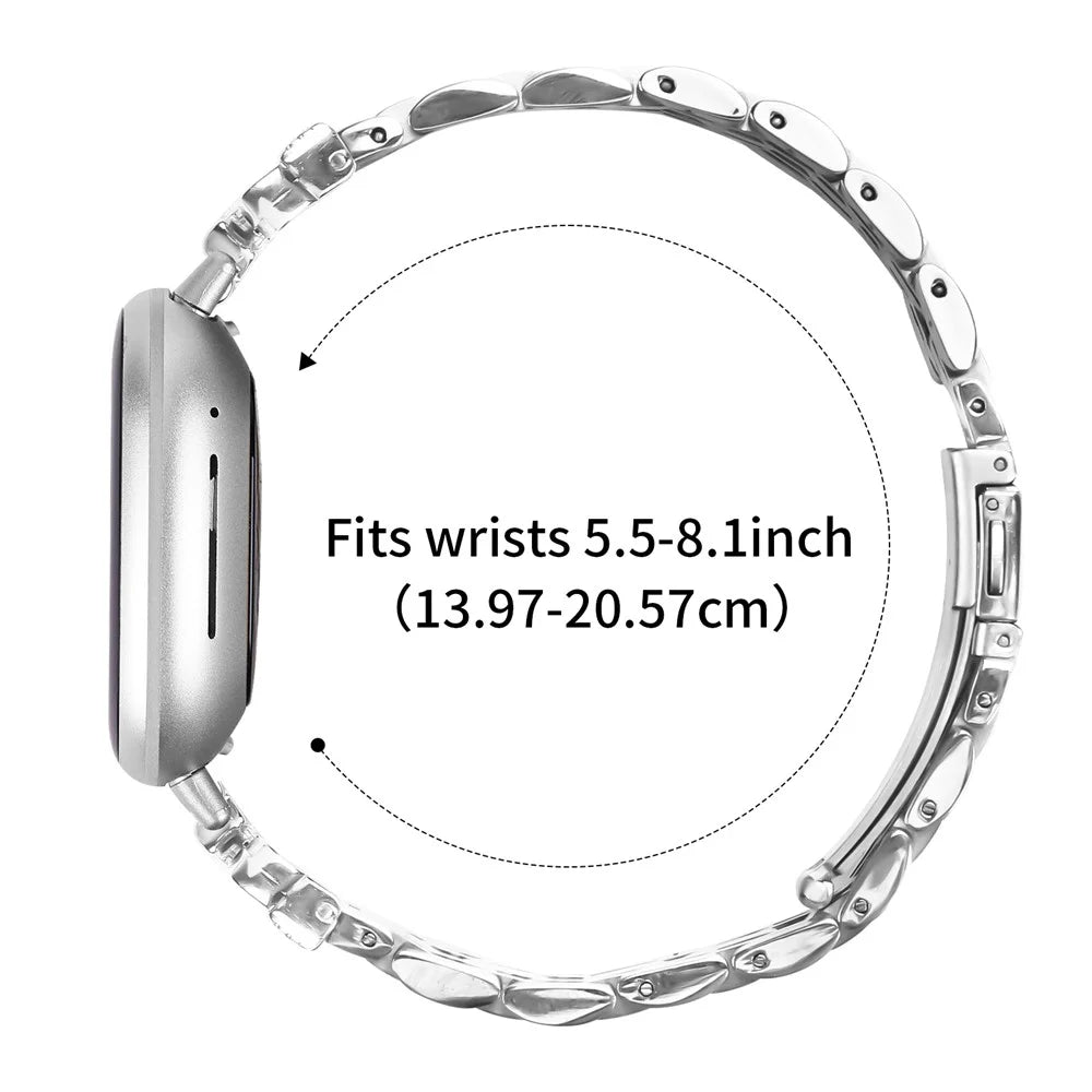For Fitbit Versa 4 / Sense 2 Metal Watch Band Rhinestone Butterfly Decor Stainless Steel Silver Wrist Band - 7