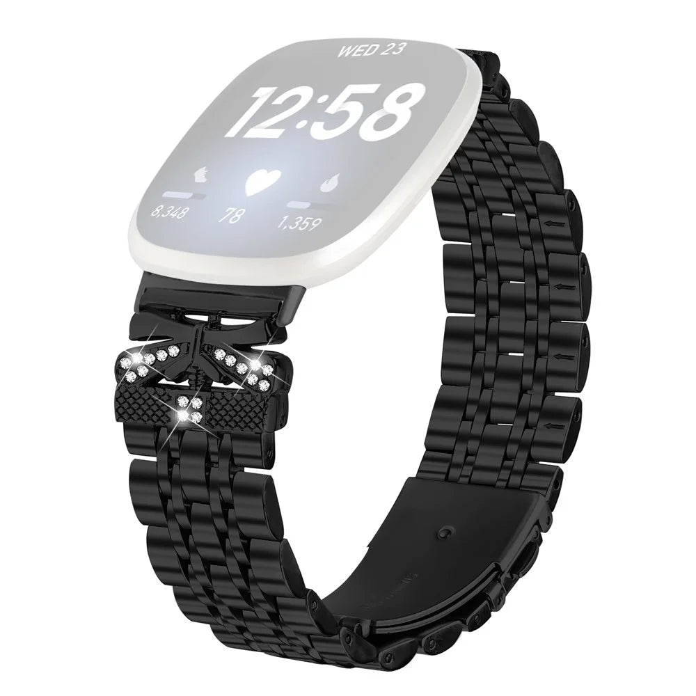 For Fitbit Versa 4 / Sense 2 Watch Strap Rhinestone Butterfly Decor Stainless Steel Band - Black - 1