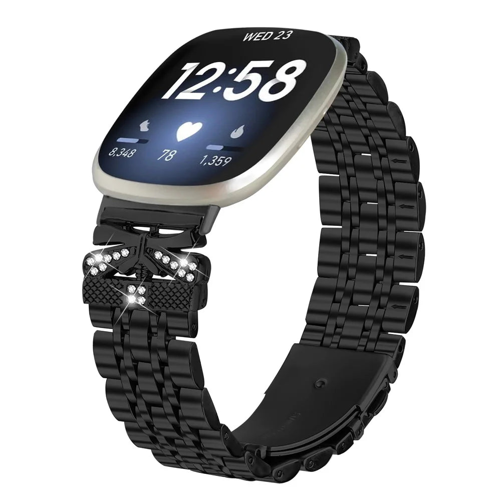 For Fitbit Versa 4 / Sense 2 Watch Strap Rhinestone Butterfly Decor Stainless Steel Band - Black - 2