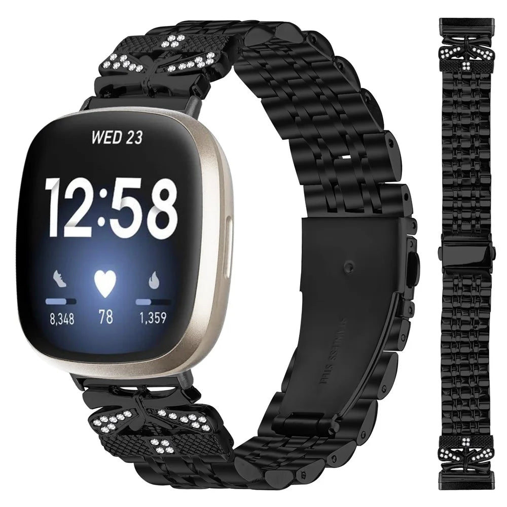 For Fitbit Versa 4 / Sense 2 Watch Strap Rhinestone Butterfly Decor Stainless Steel Band - Black - 3