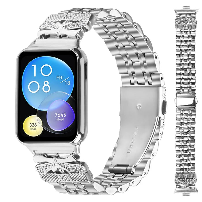 For Xiaomi Smart Band 10 Pro / 9 Pro / 8 Pro / Redmi Watch 6 / 5 / 4 Metal Watch Band Rhinestone Butterfly Decor Stainless Steel Silver Wrist Band - 3
