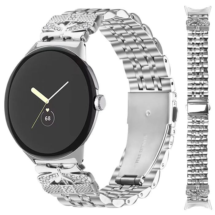 Metal Watch Band for Google Pixel Watch 4 41mm / Watch 3 41mm / Watch 2 / Watch Rhinestone Butterfly Decor Stainless Steel Silver Wrist Band - 3