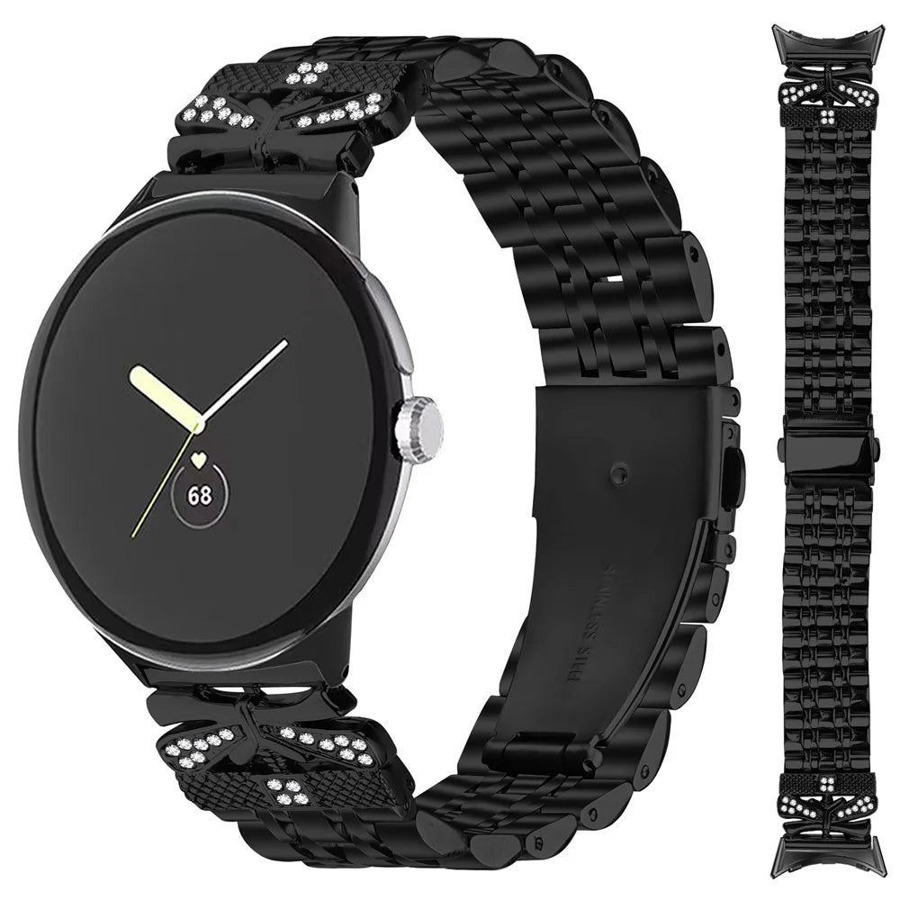Watch Strap for Google Pixel Watch 4 41mm / Watch 3 41mm / Watch 2 / Watch Rhinestone Butterfly Decor Stainless Steel Band - Black - 3