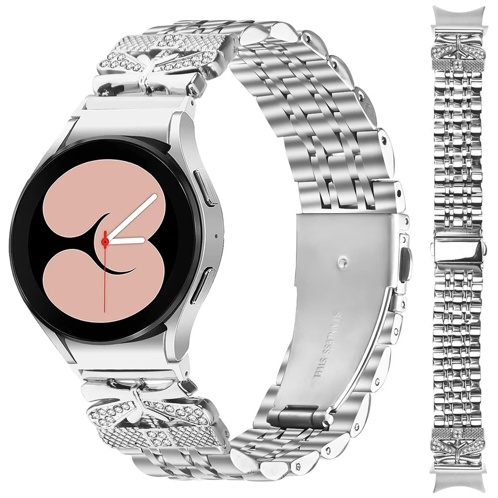 Silver Metal Strap with Connector for Samsung Galaxy Watch7 44mm / 40mm Butterfly Rhinestones Decor 7-Bead Watch Band - 3