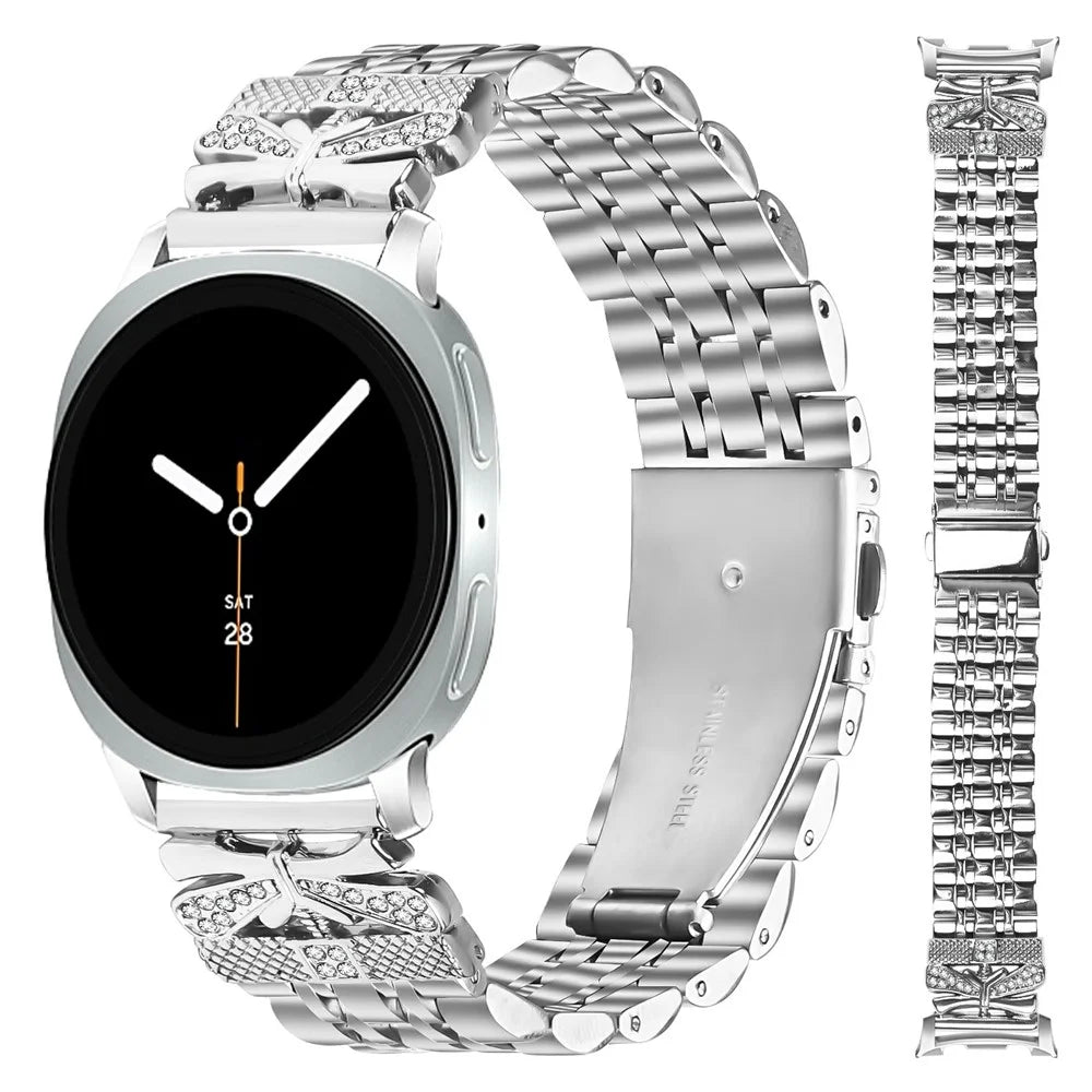 Metal Watch Band for Samsung Galaxy Watch8 44mm / 40mm / 8 Classic 46mm Rhinestone Butterfly Decor Stainless Steel Silver Wrist Band - 3