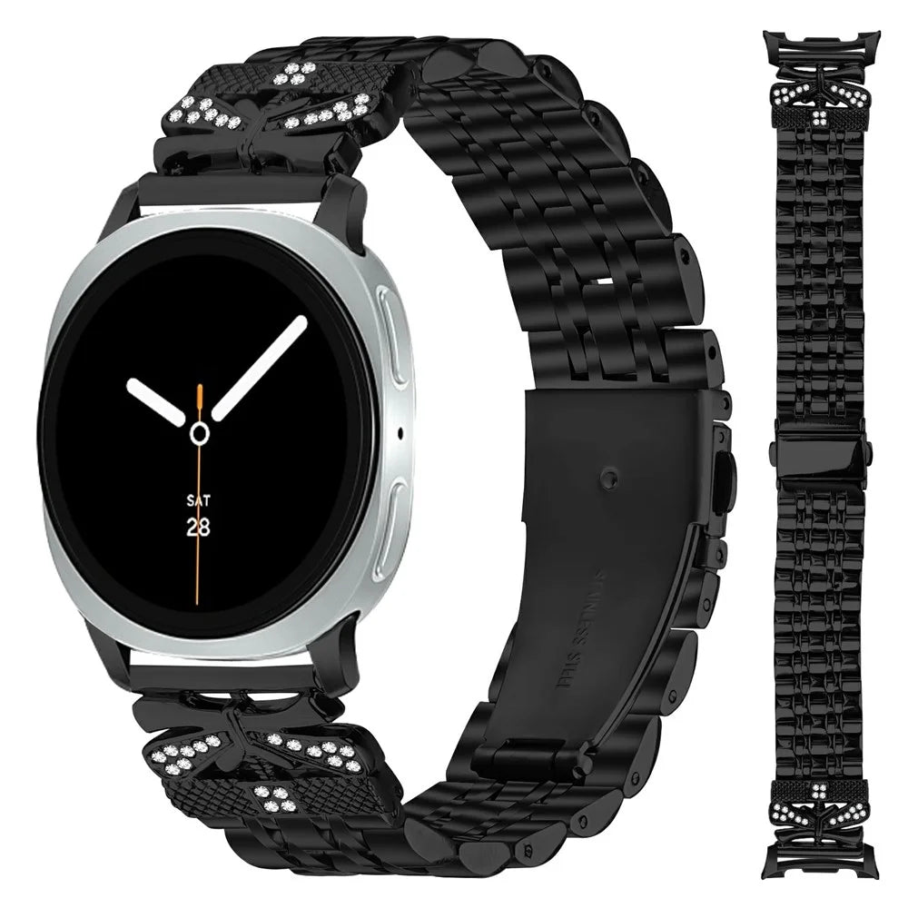 Watch Strap for Samsung Galaxy Watch8 44mm / 40mm / 8 Classic 46mm Rhinestone Butterfly Decor Stainless Steel Band - Black - 3