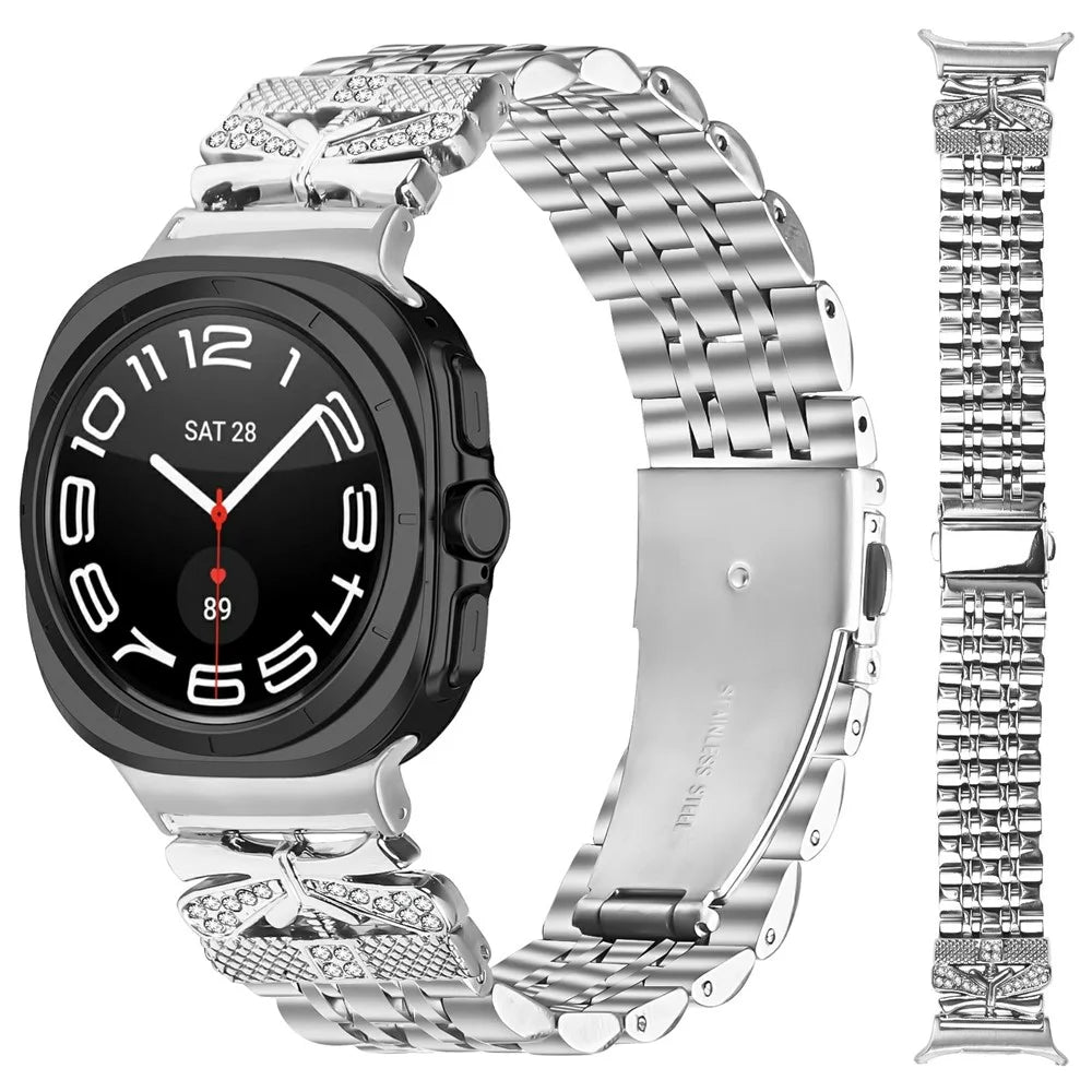 Metal Watch Band for Samsung Galaxy Watch Ultra2 47mm / Watch Ultra (2025) 47mm / Watch Ultra 47mm Rhinestone Butterfly Decor Stainless Steel Silver Wrist Band - 3