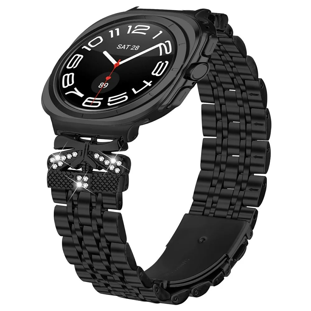 Watch Strap for Samsung Galaxy Watch Ultra2 47mm / Watch Ultra (2025) 47mm / Watch Ultra 47mm Rhinestone Butterfly Decor Stainless Steel Band - Black - 2