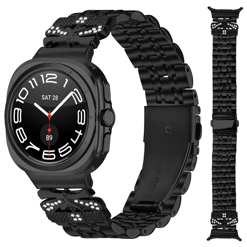 Watch Strap for Samsung Galaxy Watch Ultra2 47mm / Watch Ultra (2025) 47mm / Watch Ultra 47mm Rhinestone Butterfly Decor Stainless Steel Band - Black - 3