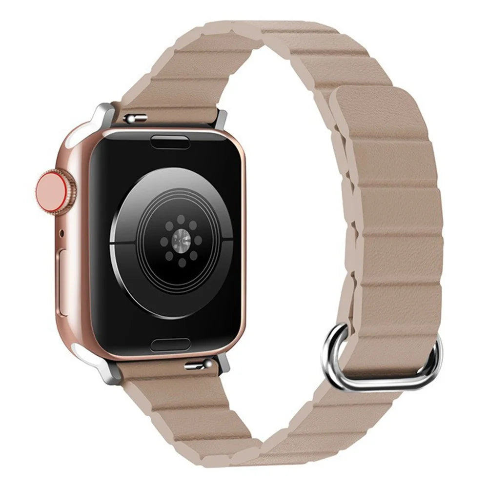 Slim Magnetic Strap for Apple Watch Ultra 3 2 1 49mm  /  Series 11 10 46mm  /  9 8 7 45mm  /  SE3 SE2 SE 6 5 4 44mm  /  3 2 1 42mm Microfiber Leather Watch Band Reverse Buckle Design - Khaki / Silver - 1