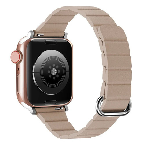 Slim Magnetic Strap for Apple Watch Ultra 3 2 1 49mm  /  Series 11 10 46mm  /  9 8 7 45mm  /  SE3 SE2 SE 6 5 4 44mm  /  3 2 1 42mm Microfiber Leather Watch Band Reverse Buckle Design - Khaki / Silver - 1