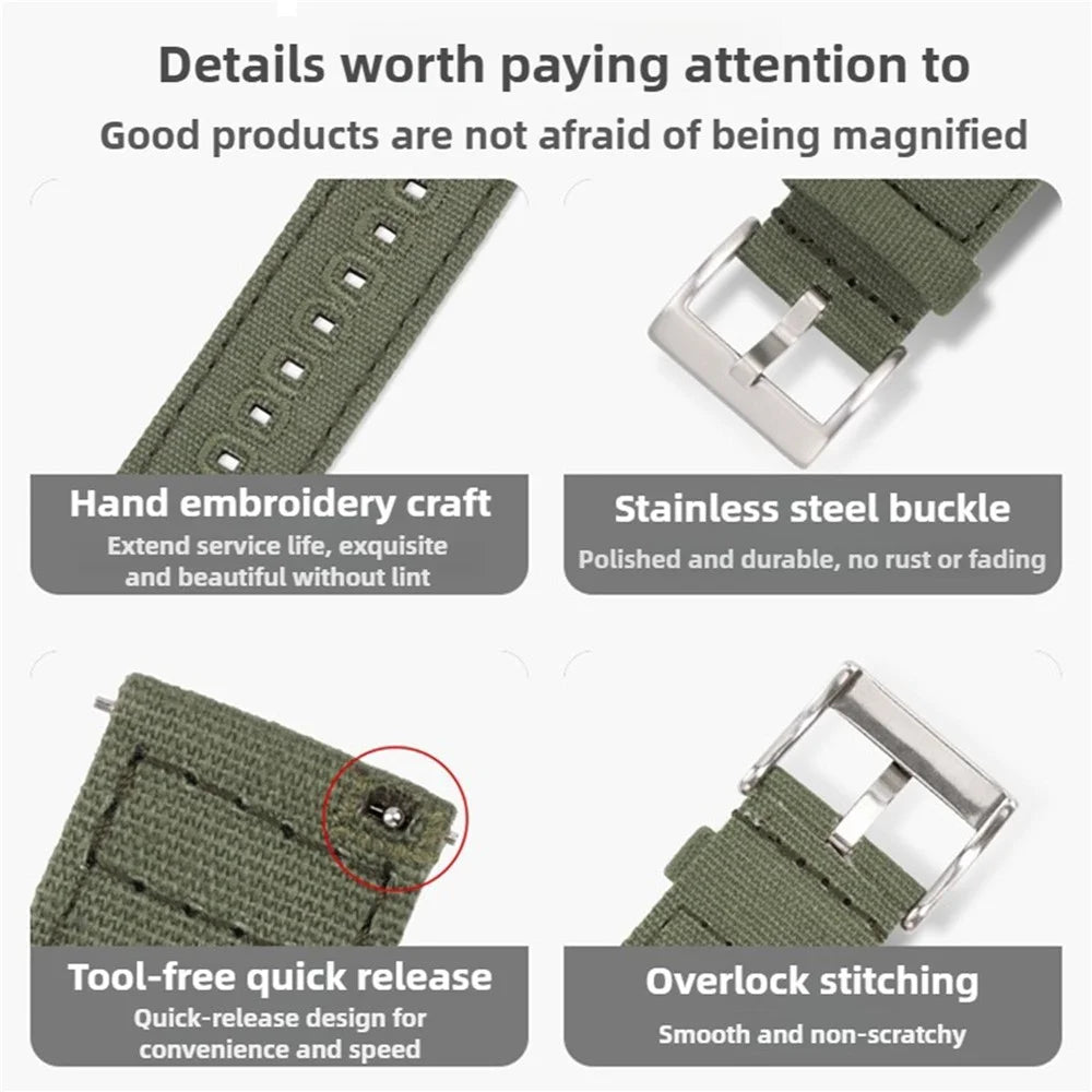 22mm Watch Band For Samsung Galaxy Watch3 45mm Canvas Pin Buckle Strap - Army Green - 3