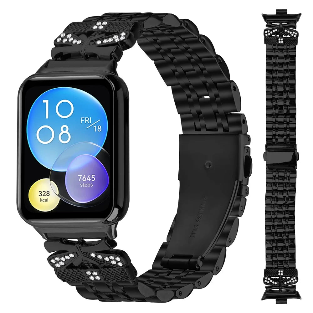 Metal Watch Band for Xiaomi Smart Band 10 Pro / 9 Pro / 8 Pro / Redmi Watch 6 / 5 / 4 Rhinestone Butterfly Decor Stainless Steel Wrist Band - Black - 3