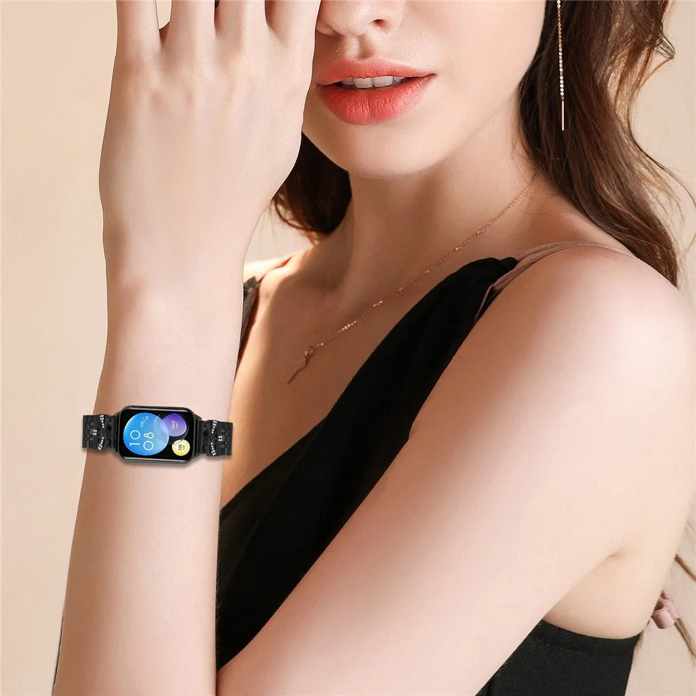 Metal Watch Band for Xiaomi Smart Band 10 Pro / 9 Pro / 8 Pro / Redmi Watch 6 / 5 / 4 Rhinestone Butterfly Decor Stainless Steel Wrist Band - Black - 6