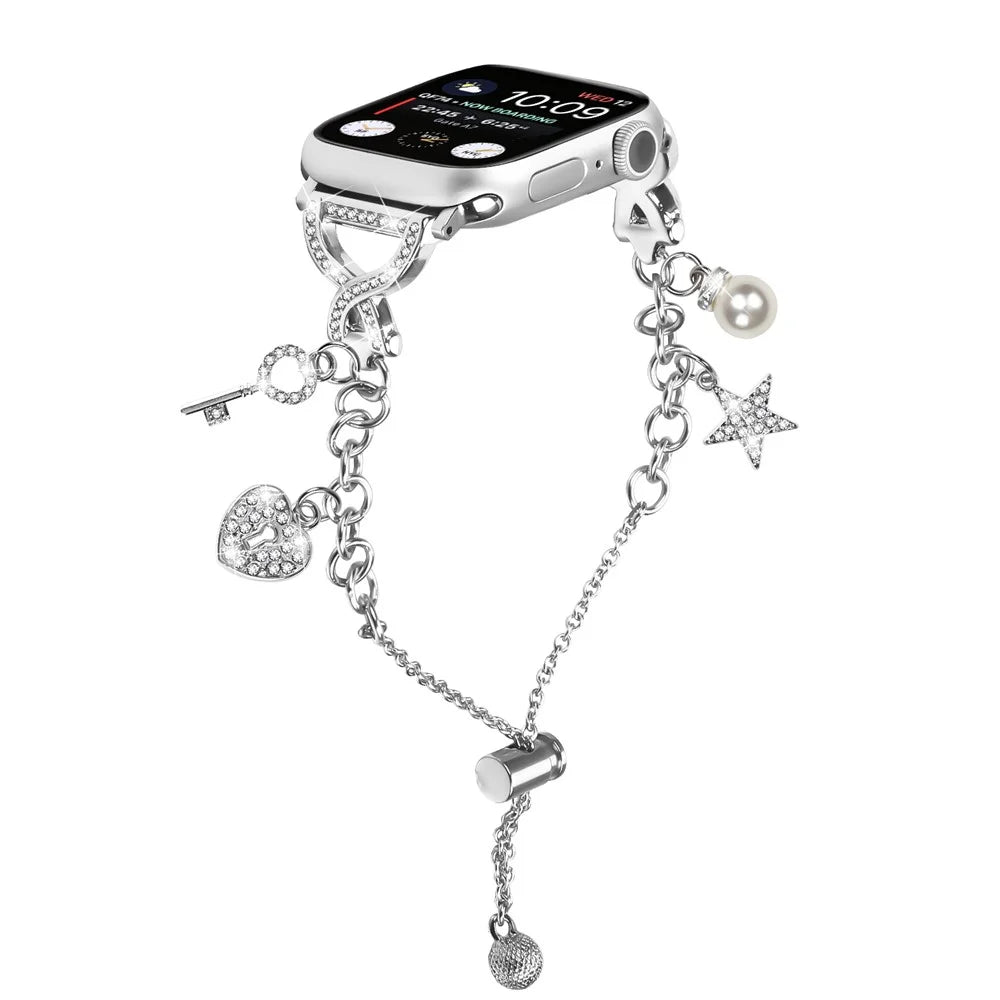 Silver Single Chain Style Watchband for Apple Watch Series 11 10 42mm / 9 8 7 41mm / SE3 SE2 SE 6 5 4 40mm / 3 2 1 38mm Metal Sliding Strap with Heart / Key Pendant - 2
