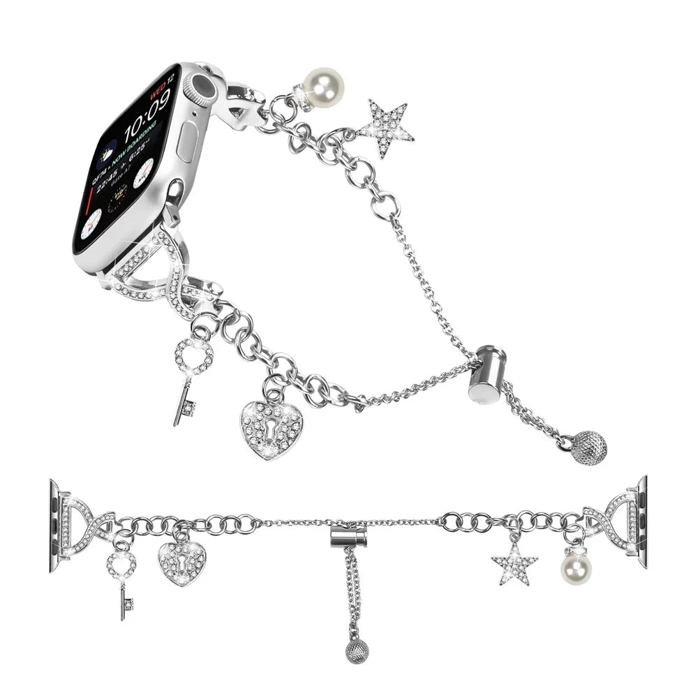 Silver Single Chain Style Watchband for Apple Watch Series 11 10 42mm / 9 8 7 41mm / SE3 SE2 SE 6 5 4 40mm / 3 2 1 38mm Metal Sliding Strap with Heart / Key Pendant - 3