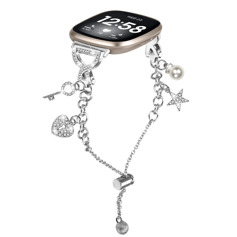 For Fitbit Versa 3 / Sense Silver Single Chain Style Watchband Metal Sliding Bracelet Strap with Heart / Key Pendant - 2