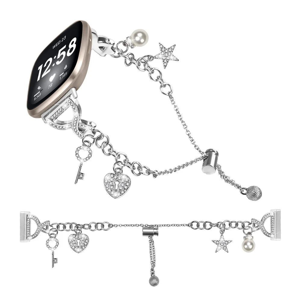 For Fitbit Versa 3 / Sense Silver Single Chain Style Watchband Metal Sliding Bracelet Strap with Heart / Key Pendant - 3