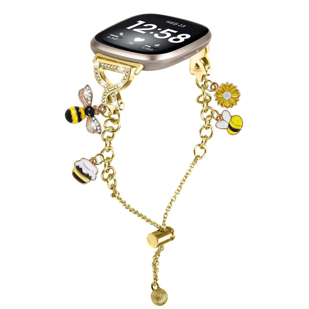 For Fitbit Versa 4 / Sense 2 Electroplated Single Chain Style Watchband Metal Sliding Bracelet Strap with Heart / Key Pendant - Gold - 2