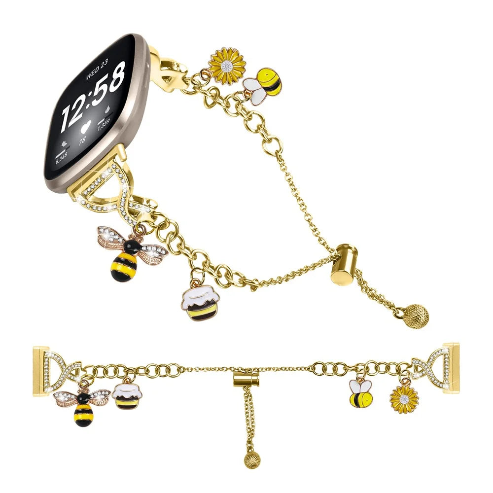 For Fitbit Versa 4 / Sense 2 Electroplated Single Chain Style Watchband Metal Sliding Bracelet Strap with Heart / Key Pendant - Gold - 3