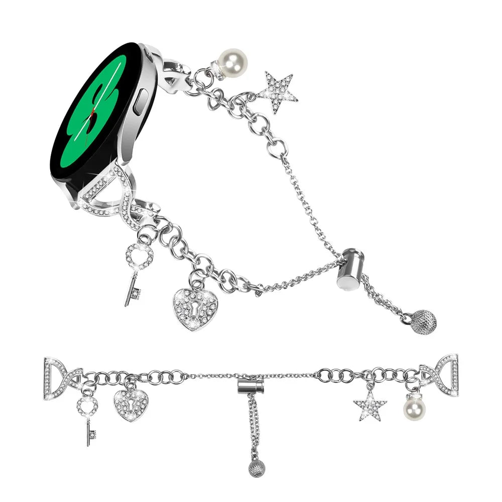 20mm Metal Strap X-Type Silver For Samsung Galaxy Watch7 / FE / 6 / 5 / 5 Pro / 4 / 4 Classic / Watch3 41mm / Active 2 / Active / Gear Sport / S2 Classic Watch Band Single Loop Pearl Chain - 3